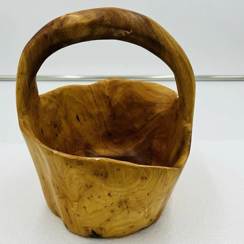 Hand Carved Burlwood Handled Basket Rustic Folk Art 8.5